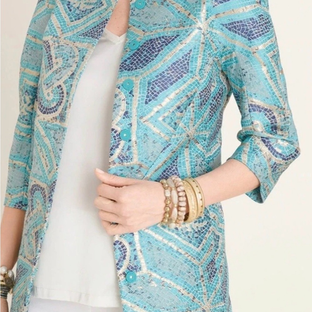 Chico's 1 (8/10) Turquoise Blue Gold Mosaic Jacquard Topper Jacket Coat